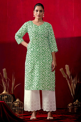 KALEE Women Ikat Straight Kurta(Green)