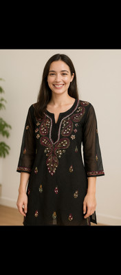 Handwork Chikankari Women Chikan Embroidery A-line Kurta(Black)