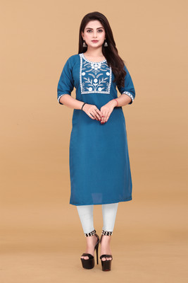 KNG TEXTILE Women Embroidered Straight Kurta(Blue)