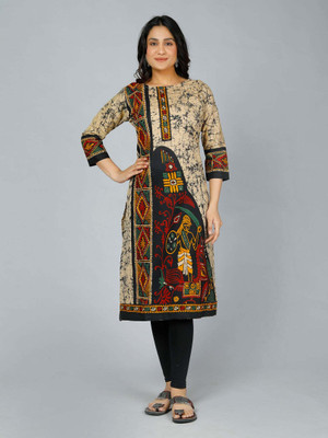 Jevi Prints Women Printed Straight Kurta(Beige, Black)