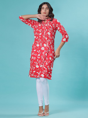 V-MART Women Floral Print Straight Kurta(Maroon)