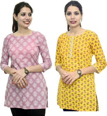 BR MANUFACTURER Women Printed Straight Kurta(Purple, Yellow)