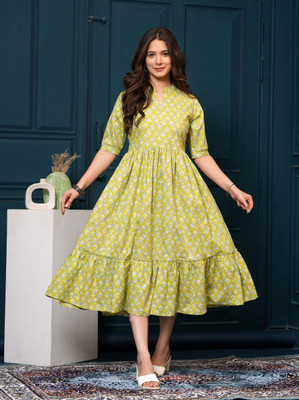 SITAFAB Women Floral Print Anarkali Kurta(Yellow)