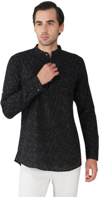 Vastraa Fusion Men Geometric Print Straight Kurta(Black)