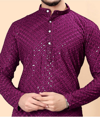 Shree Dutt Creation Men Chikan Embroidery Straight Kurta(Maroon)