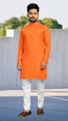 M Biswas Men Solid A-line Kurta(Orange)