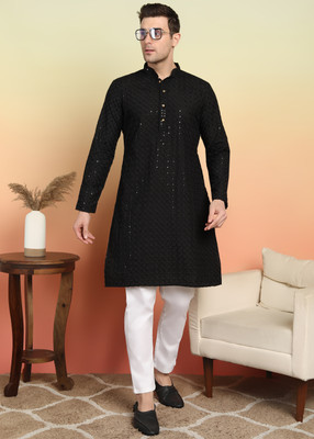 SWAGG INDIA Men Chikan Embroidery A-line Kurta(Black)