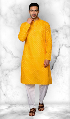 das saree Men Embroidered Straight Kurta(Yellow)