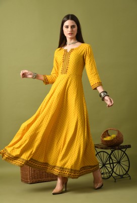 Annsh Apparel Women Printed Anarkali Kurta(Yellow)