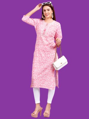 JC4U Women Floral Print Straight Kurta(Pink)