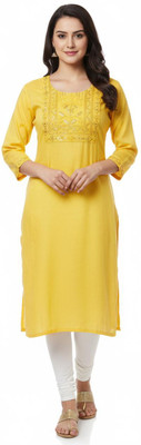 Amar Fasion Women Solid, Embroidered Straight Kurta(Yellow)