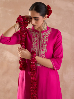 Indo Era Women Embroidered Straight Kurta(Pink)