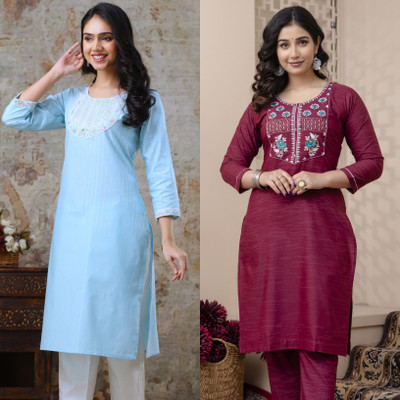 AUZAAI COLLECTION Women Embroidered Straight Kurta(Blue, Pink)