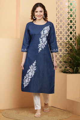 Wishmore Creation Women Embroidered A-line Kurta(Dark Blue)
