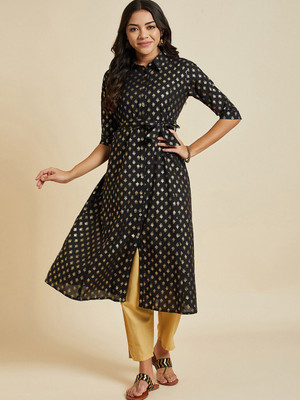 Sangria Women Printed A-line Kurta(Black)