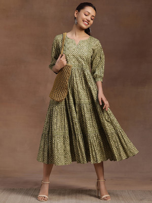 LIBAS Women Printed A-line Kurta(Green)