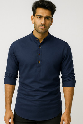 Ladyflock Men Solid Straight Kurta(Blue)