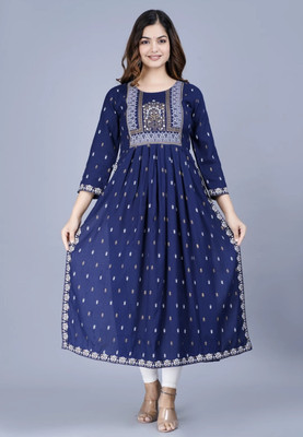 Devgarments Women Printed Straight Kurta(Blue)