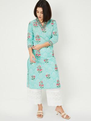 MAX Women Printed Straight Kurta(Blue)