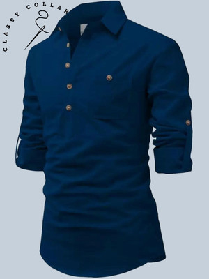 Classycollar Men Solid Straight Kurta(Blue)