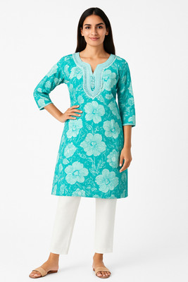 Kurtee Women Floral Print, Embroidered A-line Kurta(Green)