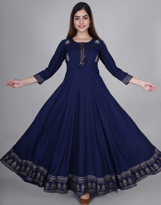 MG FASHION Women Printed Anarkali Kurta(Dark Blue)