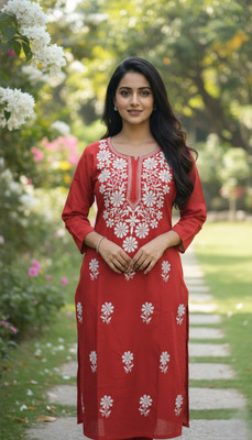 khamsahh Women Embroidered, Floral Print Straight Kurta(Red)