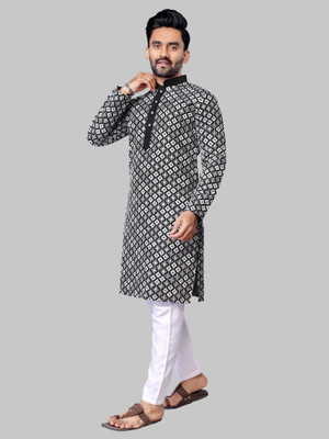 FOXDX Men Printed, Embroidered A-line Kurta(Black)