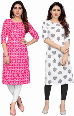 MDR FASHION Women Printed Straight Kurta(Grey, White, Pink)
