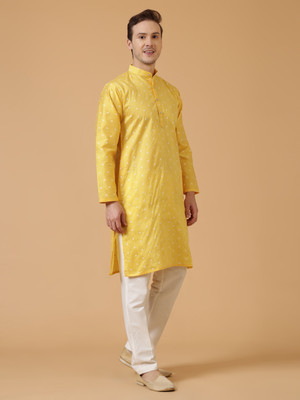 DIVINE Men Self Design Straight Kurta(Yellow)