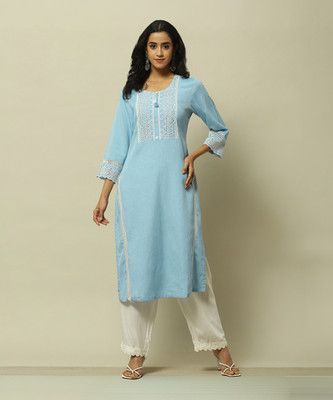 RANGRITI Women Embroidered Straight Kurta(Blue)