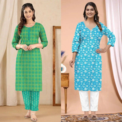 MT TEXTILE Women Printed Straight Kurta(Green, Blue)