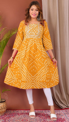 Parth f Women Bandhani A-line Kurta(Yellow)