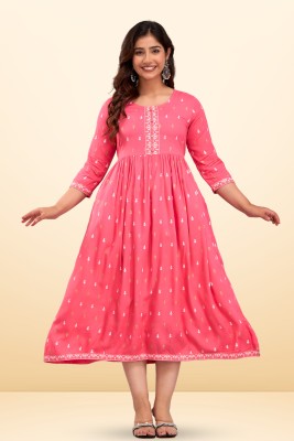 Veny Women Printed Anarkali Kurta(Pink)