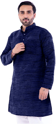 Aaryavar Men Self Design Straight Kurta(Dark Blue, Black)