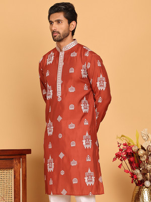 Jompers Men Embroidered Straight Kurta(Brown)