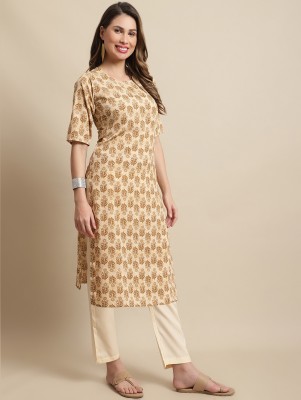 1 Stop Fashion Women Printed A-line Kurta(Beige, Gold)