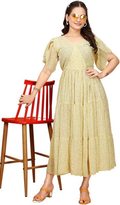Parth Creation Women Printed Flared Kurta(Yellow)