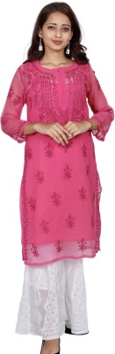 ADR CHIKAN Women Embroidered, Chikan Embroidery Straight Kurta(Pink)