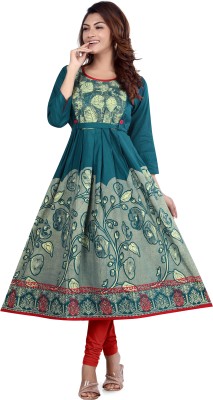 top by Fashion Women Printed Anarkali Kurta(Dark Blue, Light Green)