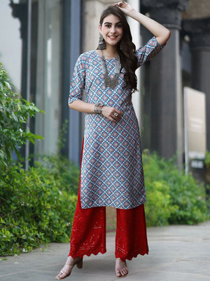 Moda Rapido Women Floral Print Straight Kurta(Blue)