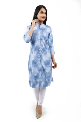 Lihimisu Women Printed Straight Kurta(Light Blue, White)
