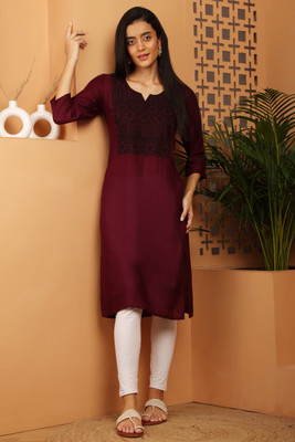 FIRE FIGURE Women Embroidered A-line Kurta(Maroon)