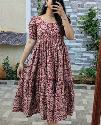 Zwc Women Geometric Print Anarkali Kurta(Maroon)
