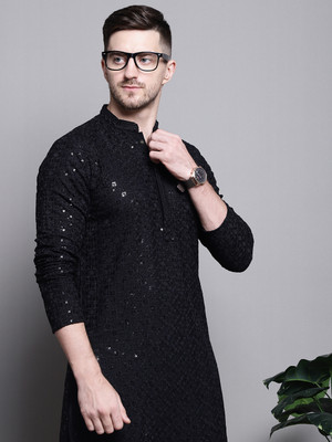 Jompers Men Embroidered Straight Kurta(Black)
