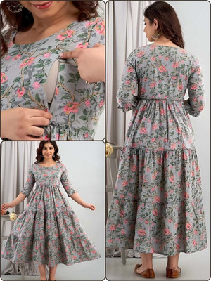 BAKNAD Women Floral Print Anarkali Kurta(Grey)