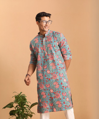 VASTRAMAY Men Printed, Floral Print Straight Kurta(Blue)