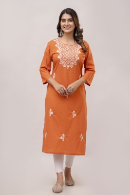 CKM Women Embroidered Straight Kurta(Orange)