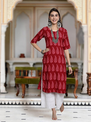 HERE&NOW Women Printed A-line Kurta(Red)