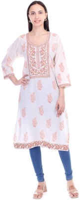 New Era Hand Block Print Women Embroidered, Floral Print, Block Print A-line Kurta(White)